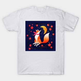 Cute fox, crescent moon and flowers, version 2 T-Shirt